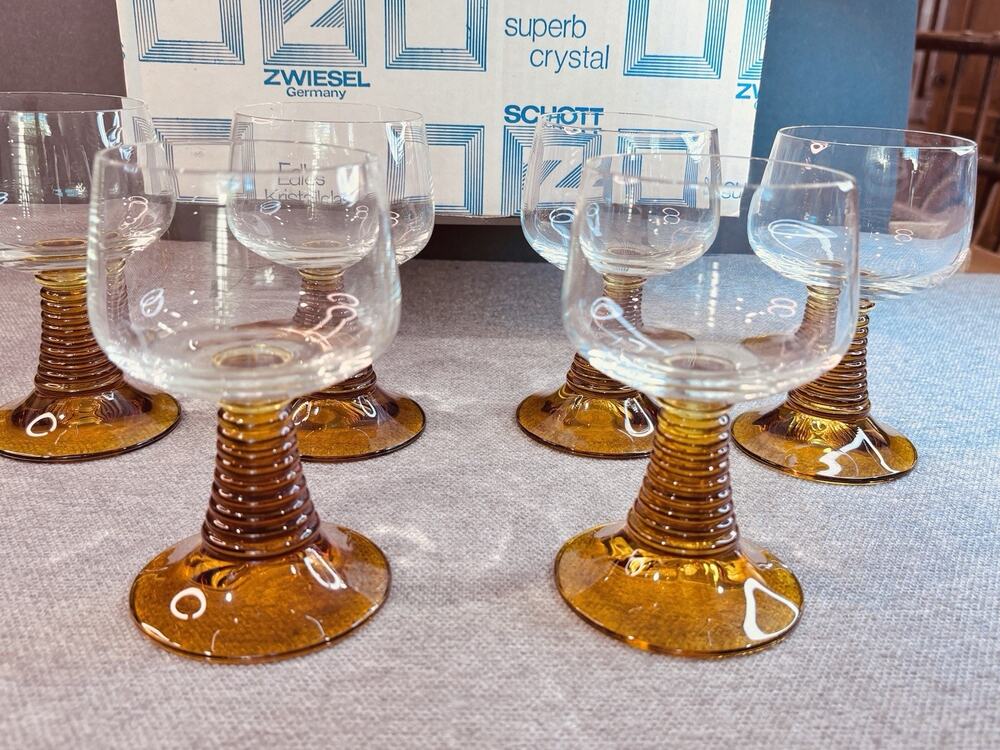 Vintage Schott Zwiesel Germany Beehive Stem Roemer Wine Glasses Amber Set 6
